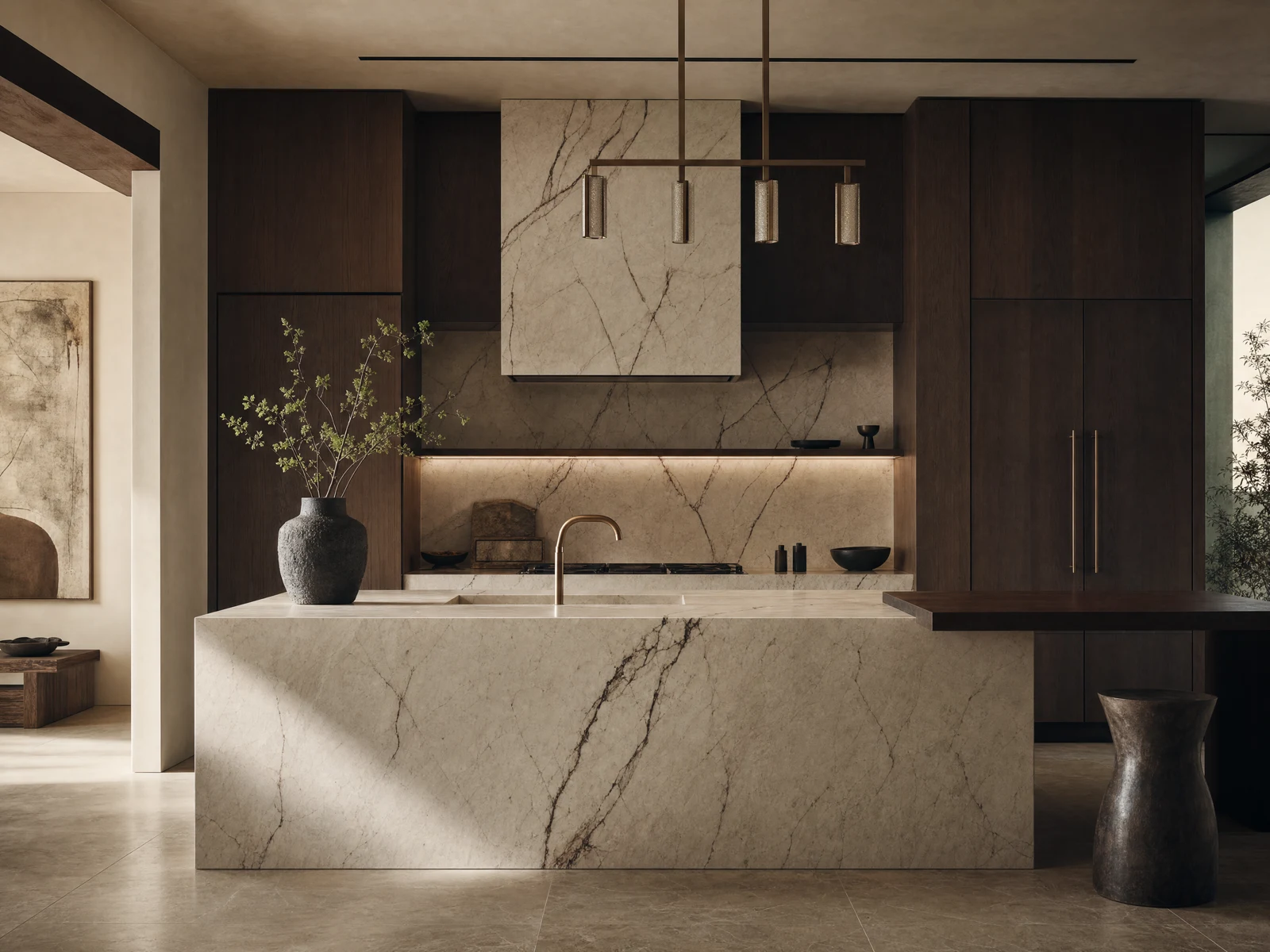 Illustrative concept: Sculptural kitchen island with warm wood cabinetry and natural stone
